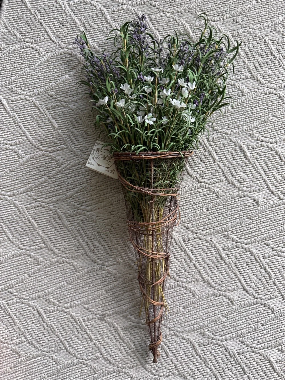 Rustic Wire and Twine Cone Hanging Bouquet Basket Faux Lavender Florals